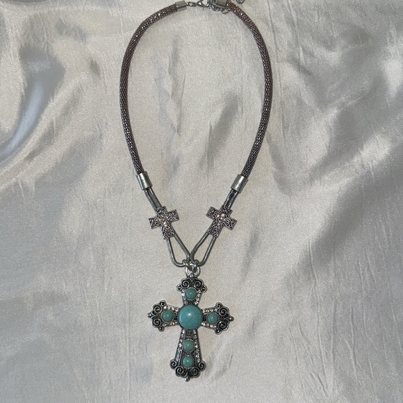 Silver Turquoise Rhinestone Cross Pendant Wire Mesh Necklace Dangle Earring Set - Picture 4 of 13